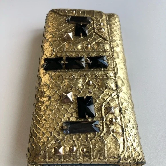 Vintage Juicy Couture Gold Metallic Leather Black Crystals Silver Stud Wallet - Picture 2 of 12